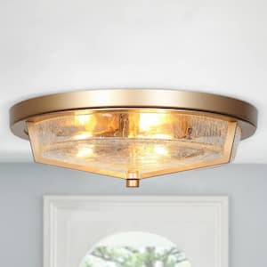 Modern Farmhouse Circle Flush Mount Lighting, 3-Light Gold Transitional Round Ceiling Lights with Crackle Glass Shade