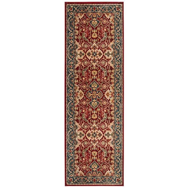 Kashan 3 ft. x 10 ft. Red/Blue Oriental Runner Rug