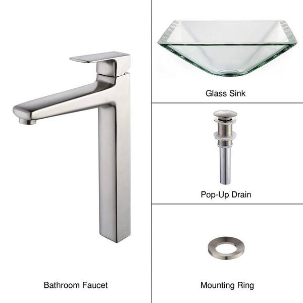 KRAUS Square Glass Vessel Sink in Clear with Virtus Faucet in Brushed Nickel
