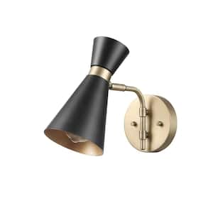 1-Light Matte Black Wall Sconce with Matte Brass Accents