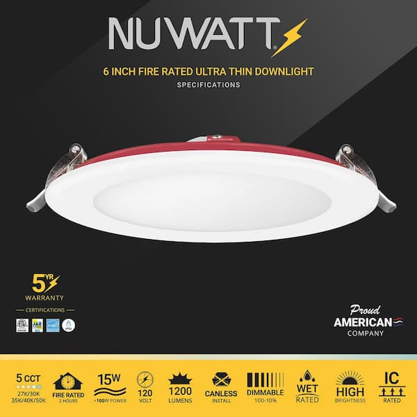 6 in. Fire Rated White Round Canless Integrated LED Recessed Light Trim 15W 5 CCT 2700K-5000K Dimmable IC Rated 12 Pack