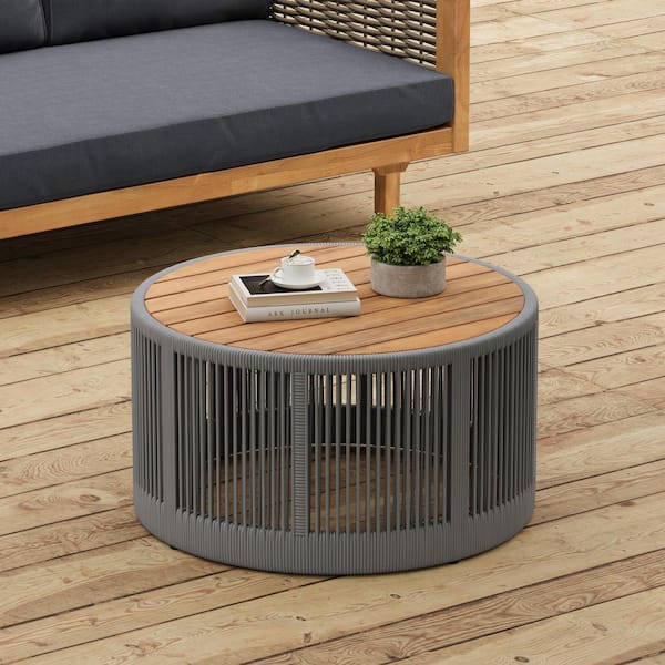 Grey and Teak Rectangular Wood and Rope Outdoor Coffee Table