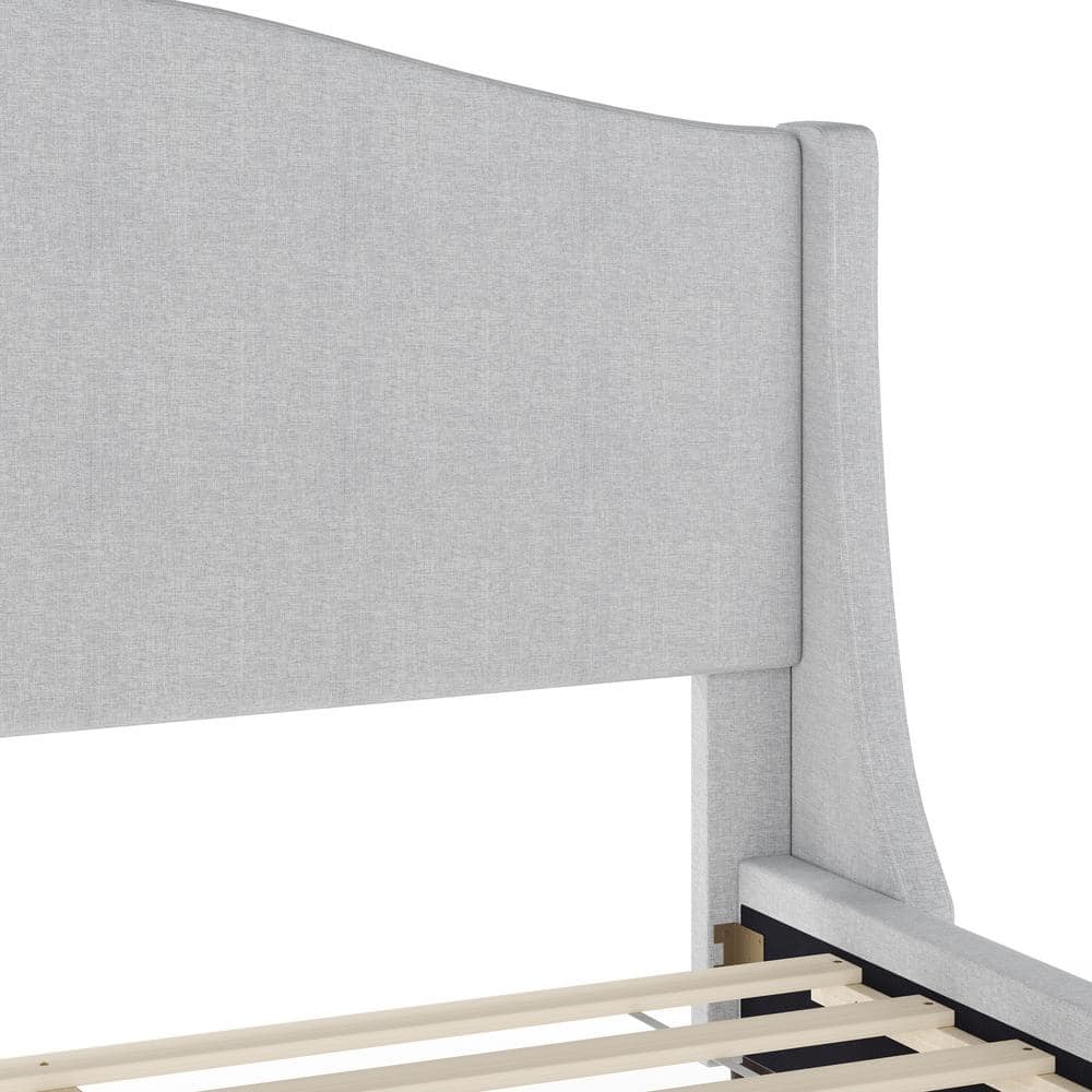 Gray Queen Upholstered Platform Bed with Curved Headboard and Wood Frame