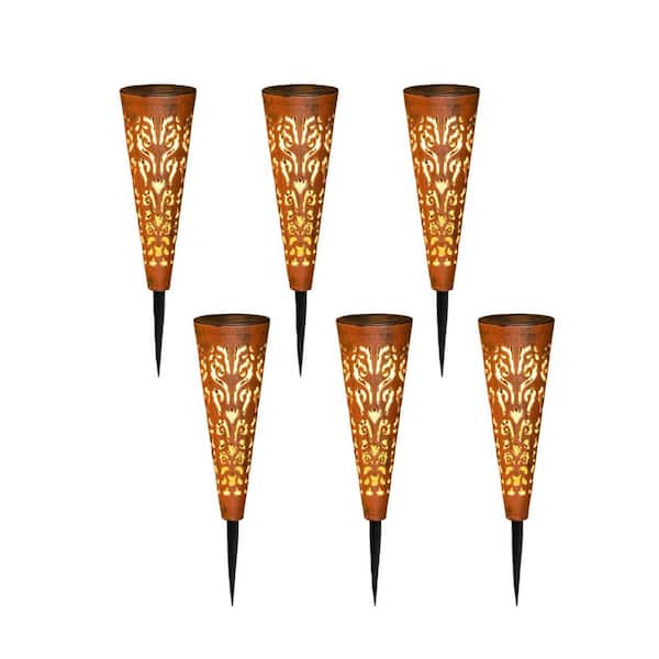 6-Piece Red Copper Plastic Solar Lights with Moon Star Patterns, Waterproof Conical Garden Stakes for Yard Lawn Pathway