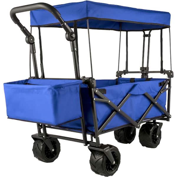 SKYSHALO 3 cu. ft. Extra Large Collapsible Garden Cart with Removable Canopy, Steel, Garden Cart Blue