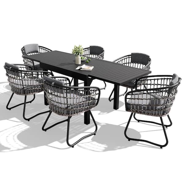 7-Piece Aluminum Outdoor Dining Set with Extendable Table 6-Wicker Dining Chairs with Gray Back and Seat Cushions