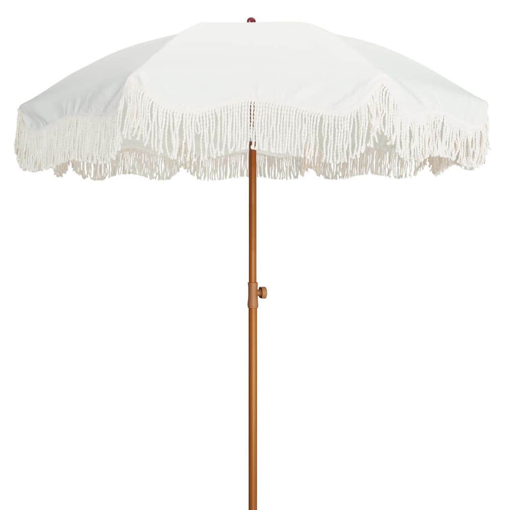 Boho Fringe Tassel 6.5 ft. Steel Pole Outdoor Non-Solar Push-Button Tilt Patio Umbrella in Antique White price history on PriceWatchPro