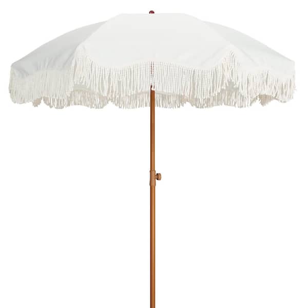Boho Fringe Tassel 6.5 ft. Steel Pole Outdoor Non-Solar Push-Button Tilt Patio Umbrella in Antique White