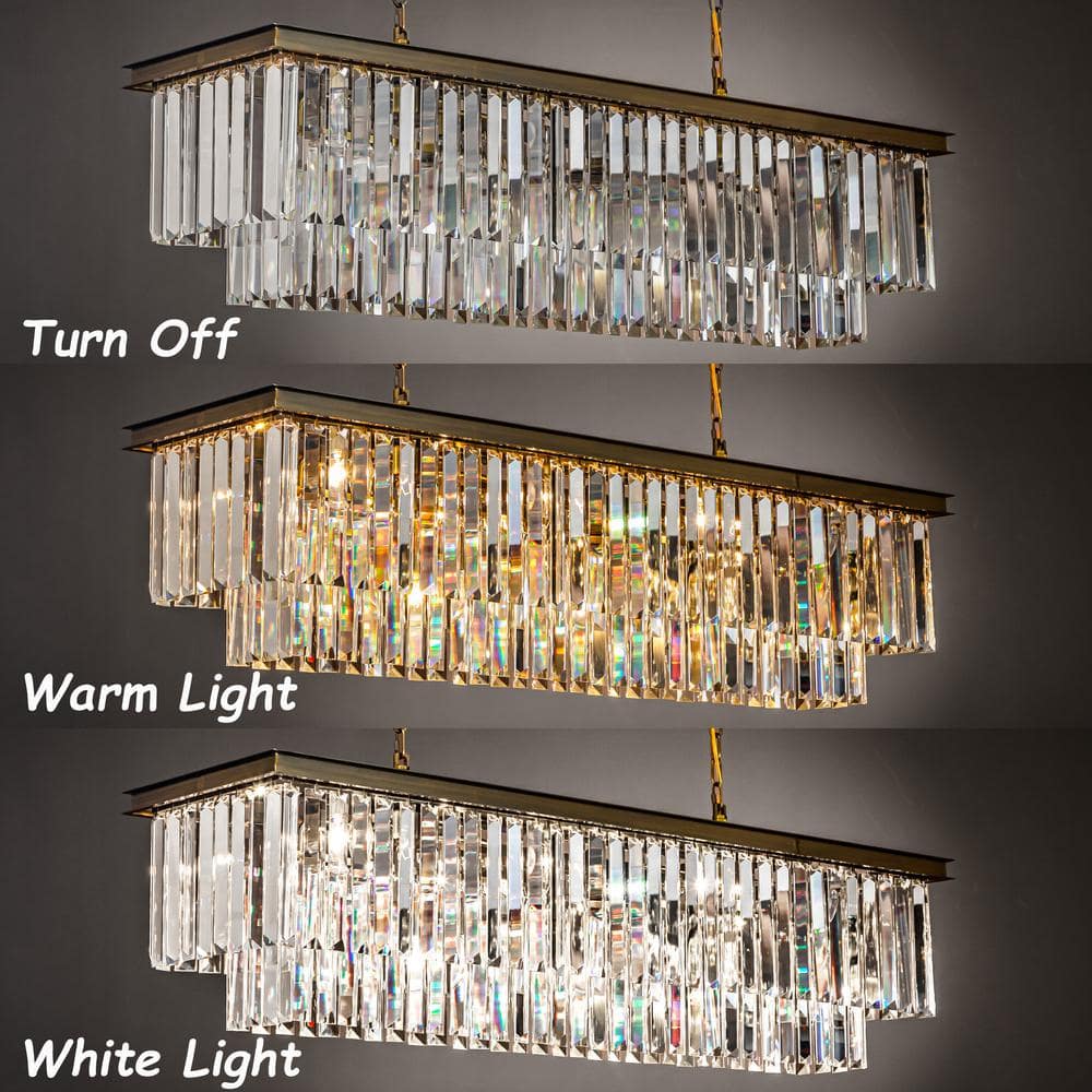 Antique Gold Rectangular Crystal Chandelier with Clear Glass Shade