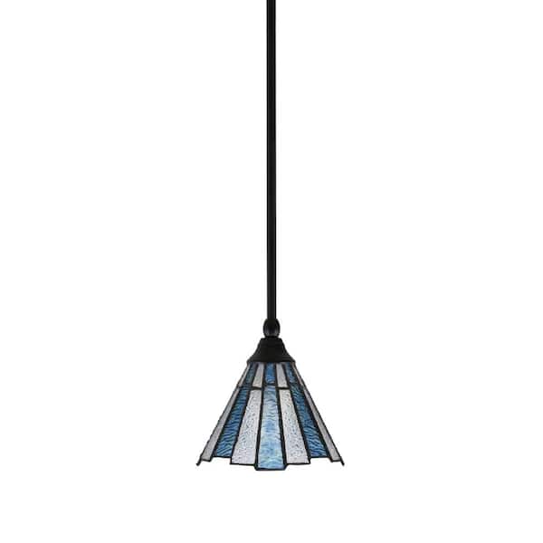 Unbranded Sparta 100-Watt 1-Light Matte Black Shaded Pendant Light Mini Pendant with 7 in. Sea Ice Art Glass, No Bulb Included