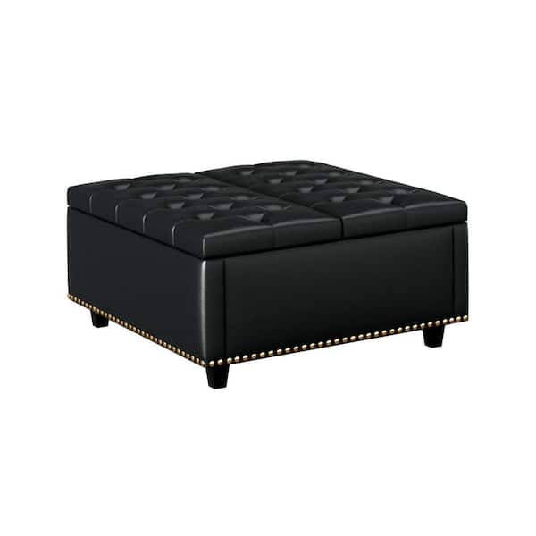 Tileon Large Square Storage Stool with 2 Storage Doors, Footstool For Living Room Studded Coffee Table, PU Leather in Black