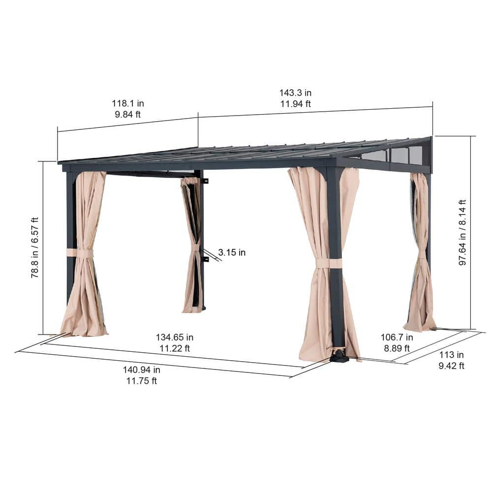 Large Black Wall-Mounted Gazebo with Curtains and Netting