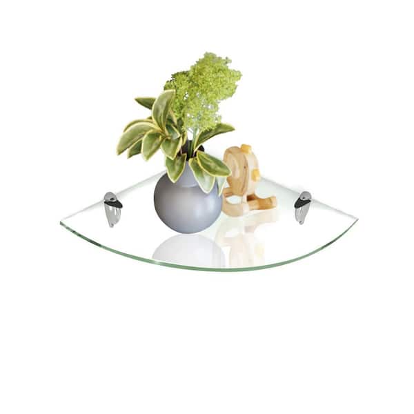 Fab Glass and Mirror 8 in. L x 0.37 in. H x 8 in. W Wall Mount Clear Tempered Glass Floating Corner Shelf in Chrome Brackets