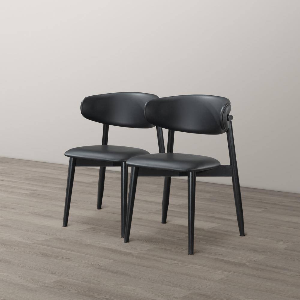 Black Faux Leather Upholstered Side Chairs with Wooden Legs (Set of 2)