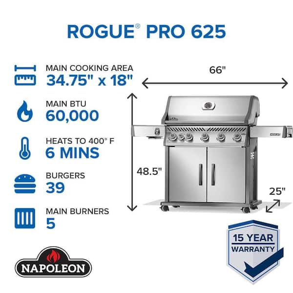 Rogue PRO 625 5-Burner Propane Gas Grill in Stainless Steel with Infrared Side Burner and Stainless Steel Cooking Grids