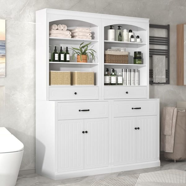 BAYA 63 in. W x 11 in. D x 79 in. H White Bathroom Freestanding Linen Cabinet with Adjustable Shelves
