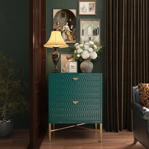 Green 2 Drawers MDF Nightstand with Golden Handles and Legs