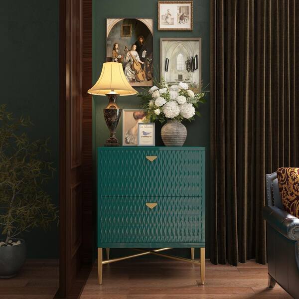 Clihome Green 2 Drawers MDF Nightstand with Golden Handles and Legs