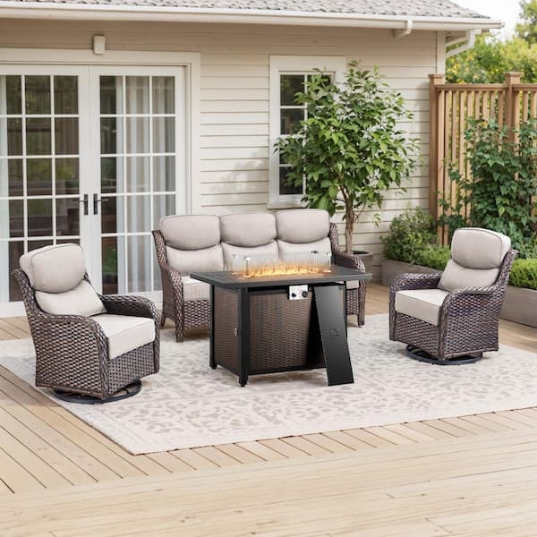 MoonLuxe Brown Wicker Fire Pit Conversation Set with Beige Olefin 6 in. Thick Cushions Patio Swivel Chairs (4-Piece)