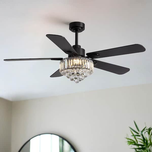 52 in. Black Crystal Downrod Modern Chandelier Ceiling Fan with LED Light Inclued and Remote Control