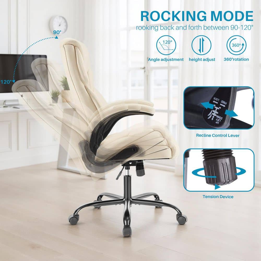 Ergonomic PU Leather Seat High Back Heavy Duty Office Executive Chair in Cream with Flip-up Arms - Thumbnail 5
