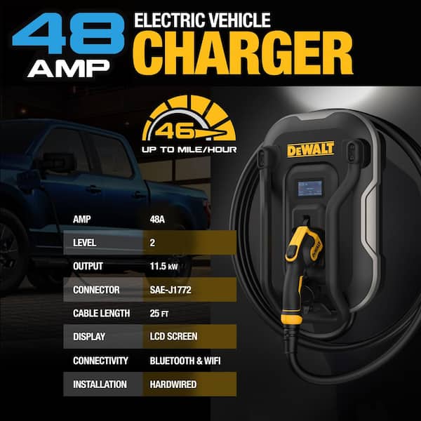 Level-2 Wall Mounted Electric Vehicle EV Charger up to 48 Amps, 240-Volt AC 11.5 Kw, 25 ft. Cable, Weatherproof, Black