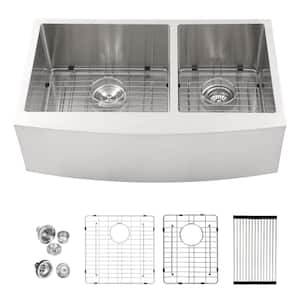 33 in. Farmhouse/Apron-Front Double Bowl 16 Gauge Stainless Steel Kitchen Sink with Bottom Grids