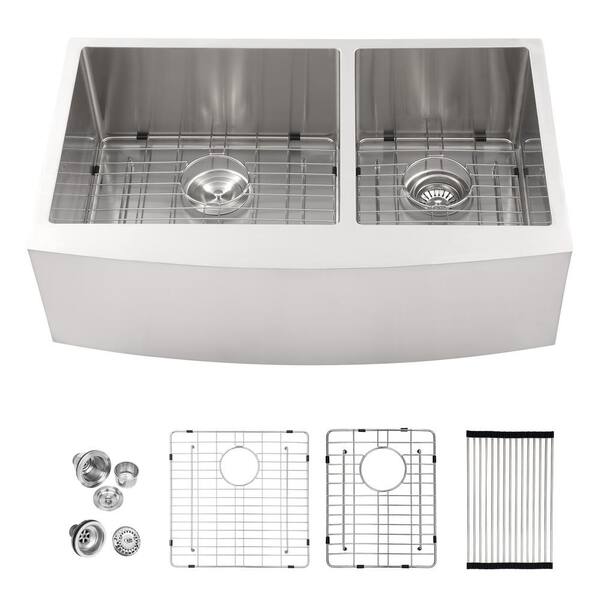 LORDEAR 33 in. Farmhouse/Apron-Front Double Bowl 16 Gauge Stainless Steel Kitchen Sink with Bottom Grids