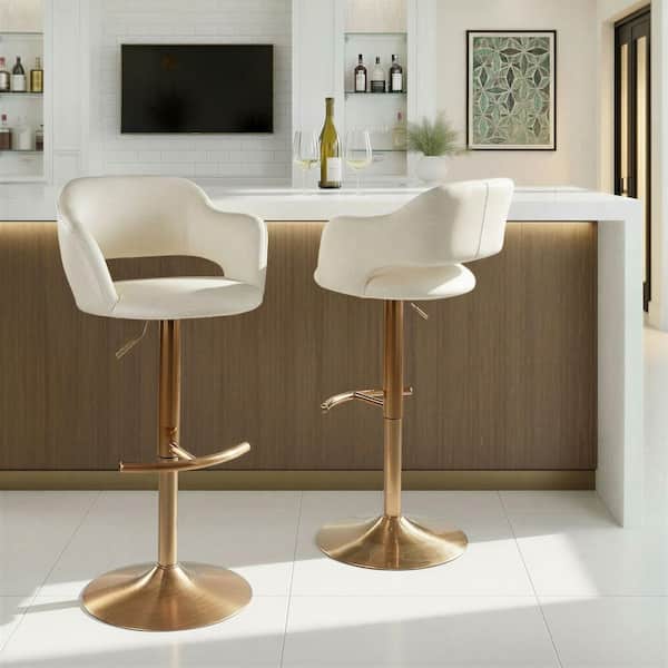 Margarite 32.75 in. Cream Faux Leather and Gold Metal Adjustable Bar Stool with Rounded T Footrest (Set of 2)
