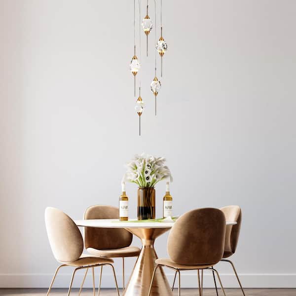 Lucivagus 5-Light Integrated LED Plating Brass Crystal Chandelier for Foyer Staircase Dining Room Open-Concept Space