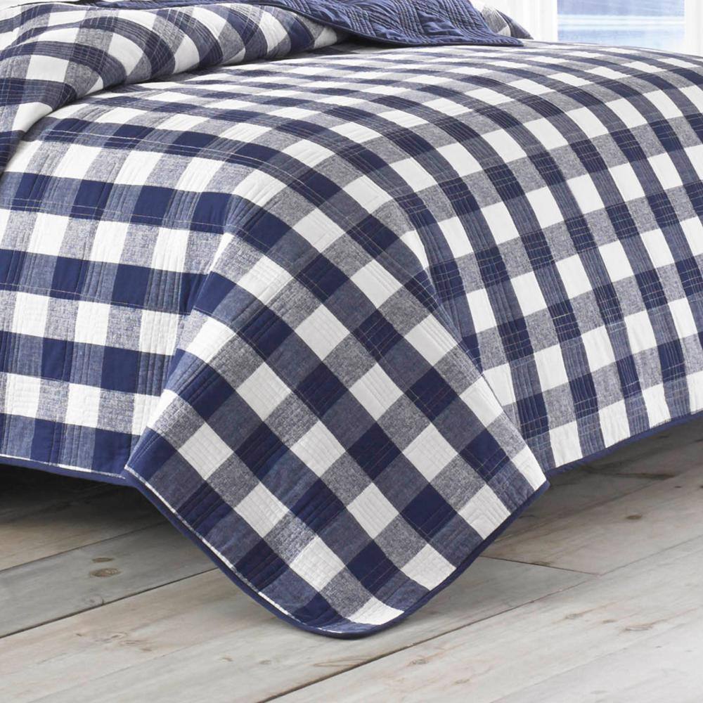 Full Blue Cotton Reversible Plaid Quilt Set