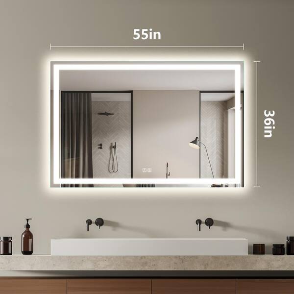 HOMLUX 55 in. W x 36 in. H Rectangular Frameless LED Light with 3-Color and  Anti-Fog Wall Mounted Bathroom Vanity Mirror FD98004D99 - The Home Depot