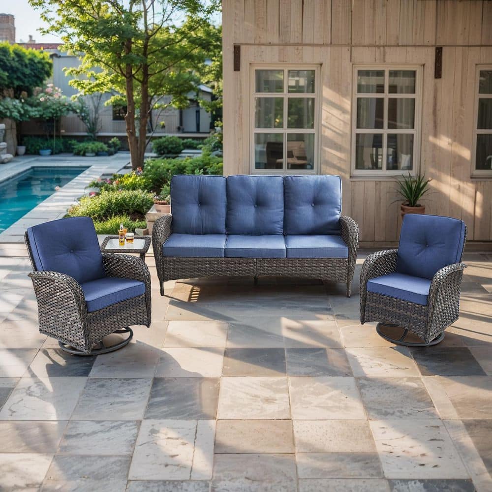 Rotavia 4-Piece Brown Swivel Chair Wicker Outdoor Bistro Set Patio Conversation Set with Blue Cushions price history on PriceWatchPro