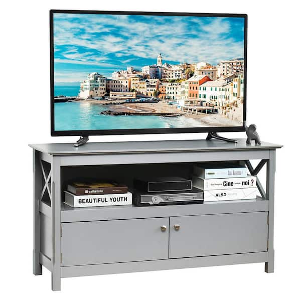 Costway 44 in. Free Standing TV Cabinet Wooden Console for 48 in. TV Media Entertainment Gray