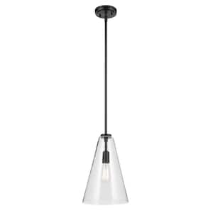 Everly 10.25 in. 1-Light Black Modern Shaded Cone Kitchen Hanging Pendant Light with Clear Glass