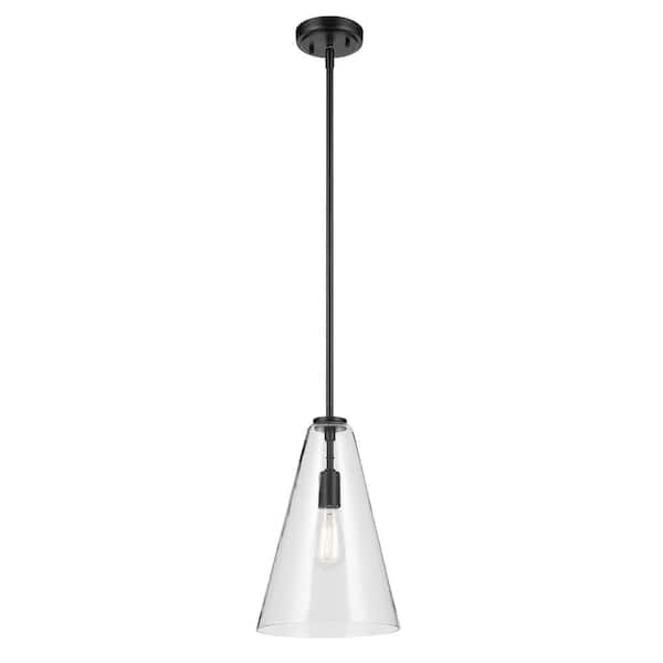 KICHLER Everly 10.25 in. 1-Light Black Modern Shaded Cone Kitchen Hanging Pendant Light with Clear Glass