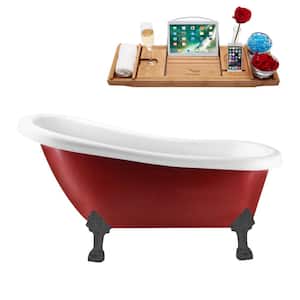 61 in. x 27.5 in. Acrylic Clawfoot Soaking Bathtub in Glossy Red with Brushed Gun Metal Clawfeet and Matte Pink Drain