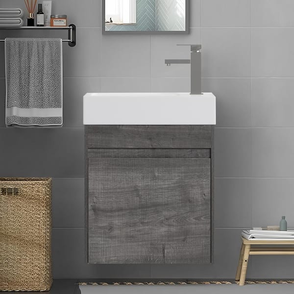 Unbranded 18 in. W x 10.2 in. D x 22.8 in. H Floating Bath Vanity Plaid Grey Oak with White Resin Sink Top and Soft Closing Door