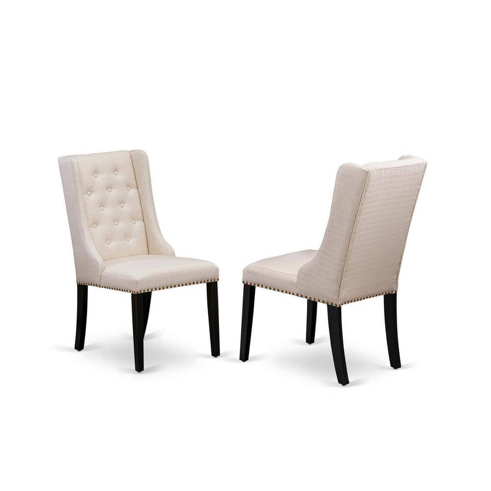 Cream Linen Upholstered Parsons Side Chairs with Black Wood Legs, Set of 2