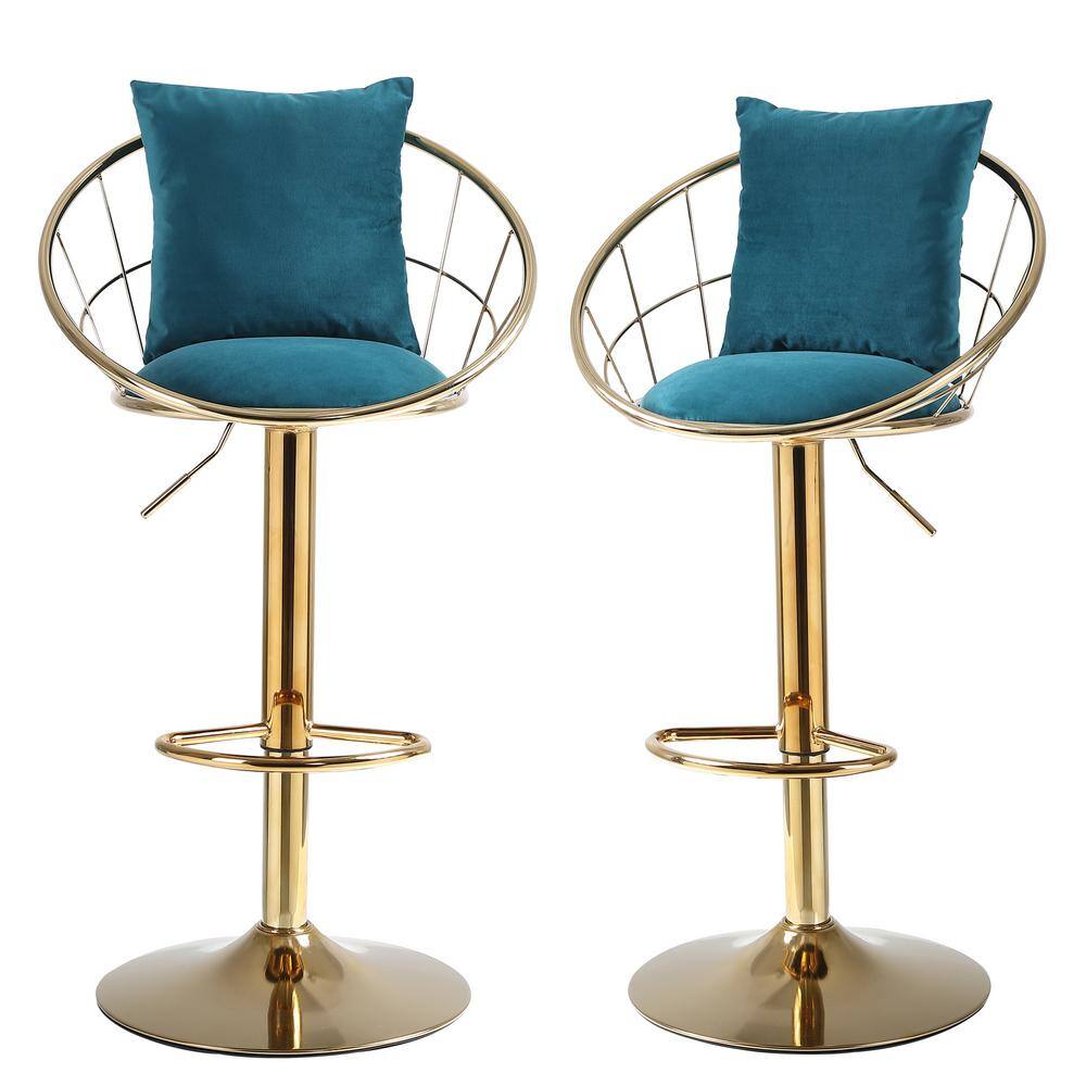 42 in. Stool Peacock Blue Velvet Low Back Golden Metal Frame Rotation