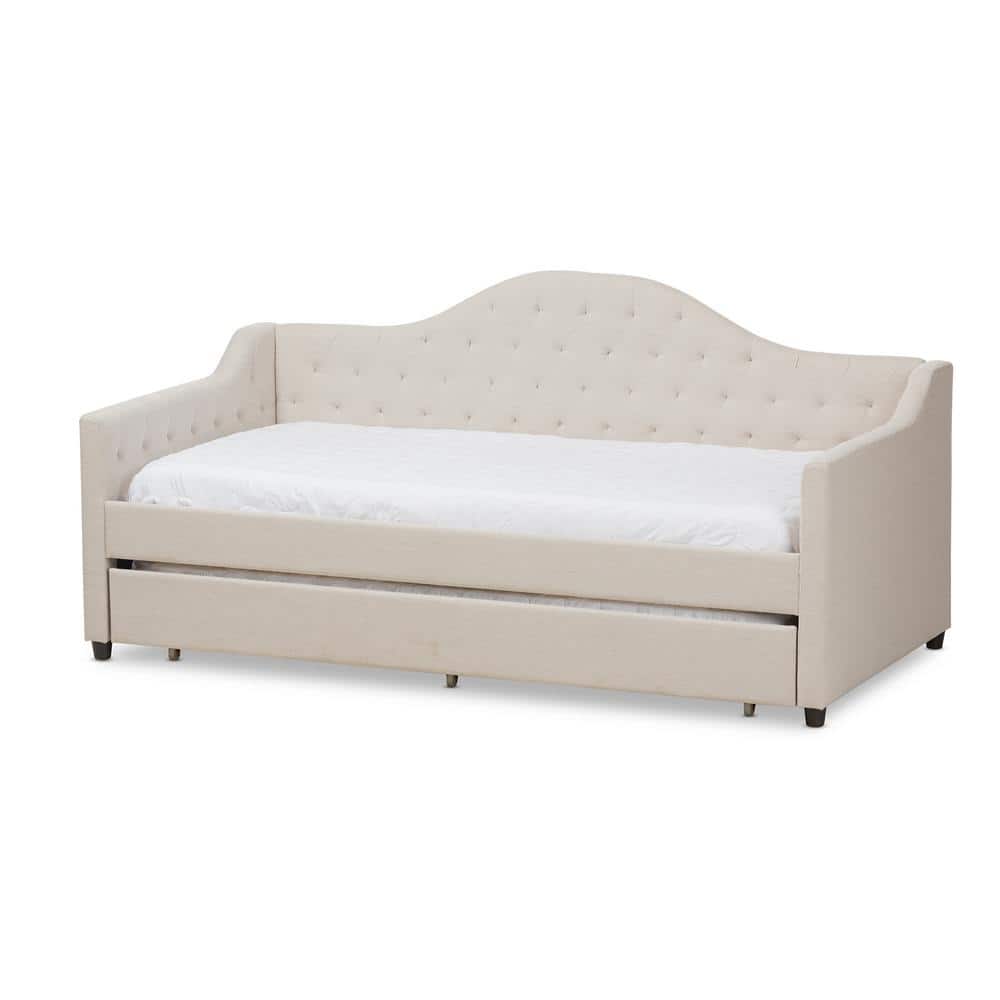 Beige Twin Upholstered Daybed with Tufted Headboard and Trundle