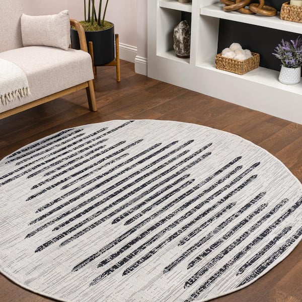 Zolak Berber Ivory/Black 8 ft. Stripe Geometric Round Indoor/Outdoor Area Rug