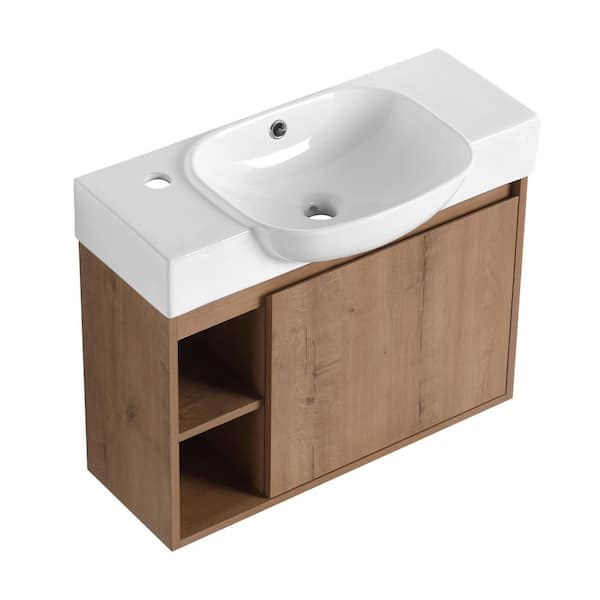 26 in. x 13.7 in. Wall-Mounted Natural Oak Bath Vanity with White Ceramic Sink Top, Soft-Close Door (Unassembled)