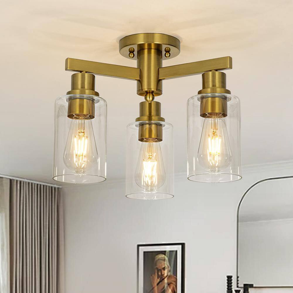 Sophe 3-Light 15 in.W Brass Semi-Flush Mount Ceiling Light with Clear Glass for Hallway/Staircase price history on PriceWatchPro