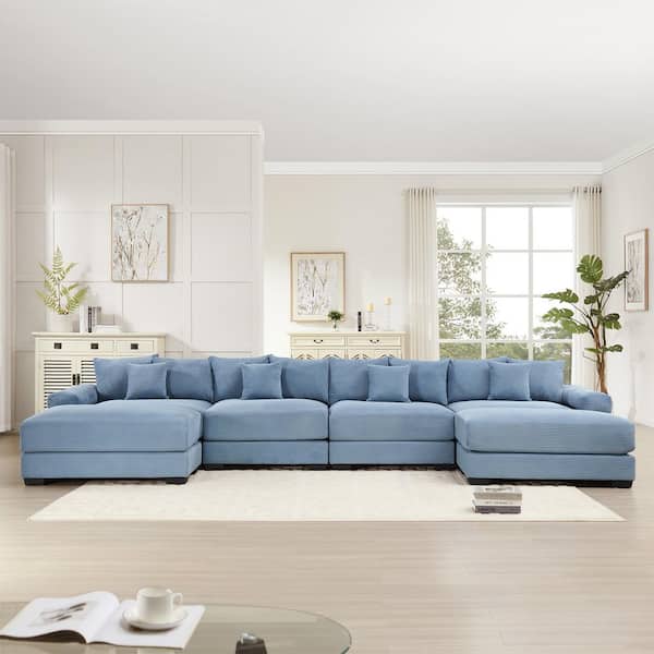 WHXYDS 167.6 in. Straight Arm 6-Piece Corduroy Modular Sectional Sofa with Ottoman and Ergonomic Design in Denim Blue