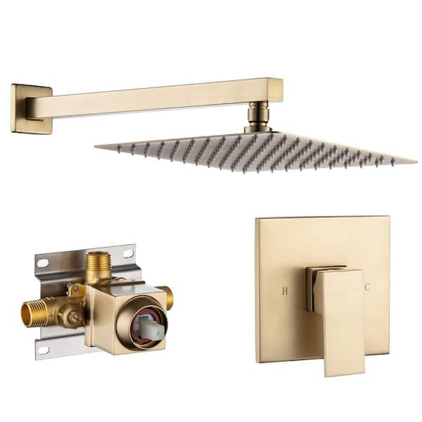 WELLFOR Single-Handle 1-Spray Square with 1.5 GPM Shower Faucet in Brushed Gold (Valve Included)