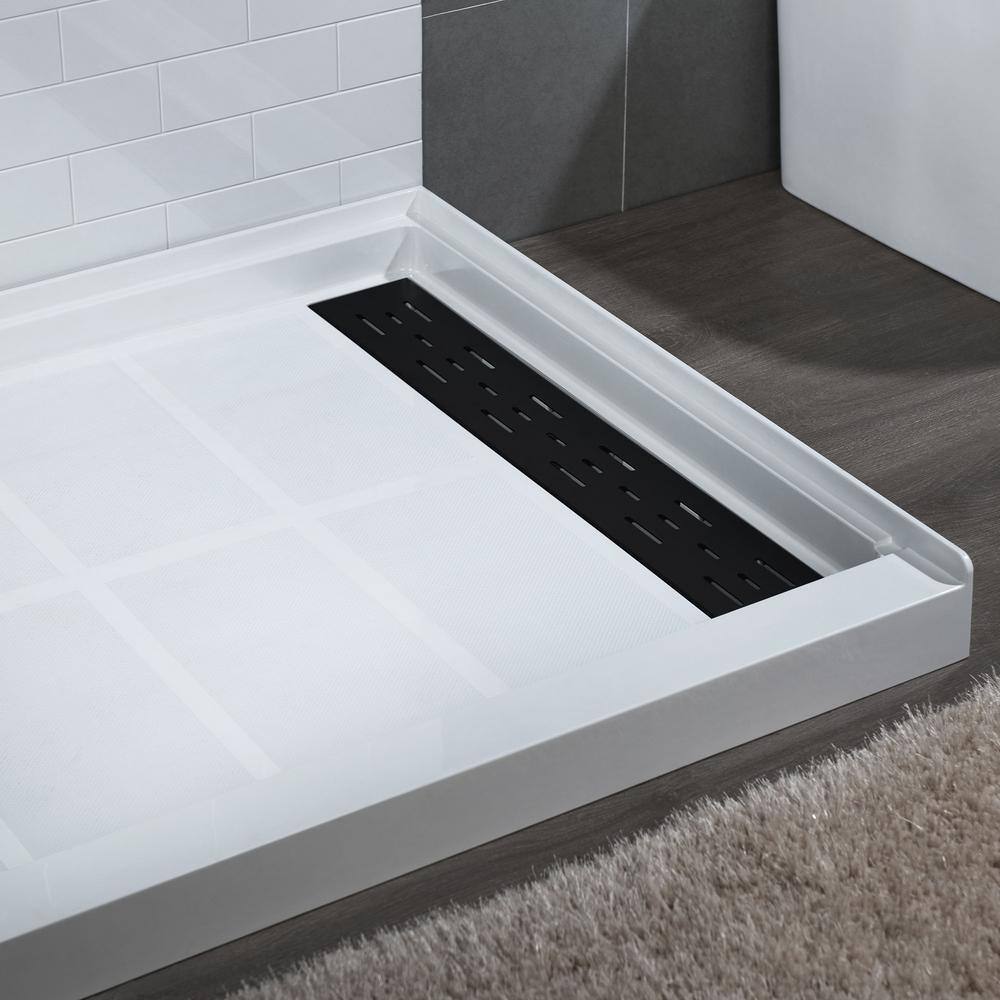 48" White Rectangular Shower Pan with Matte Black Drain Cover