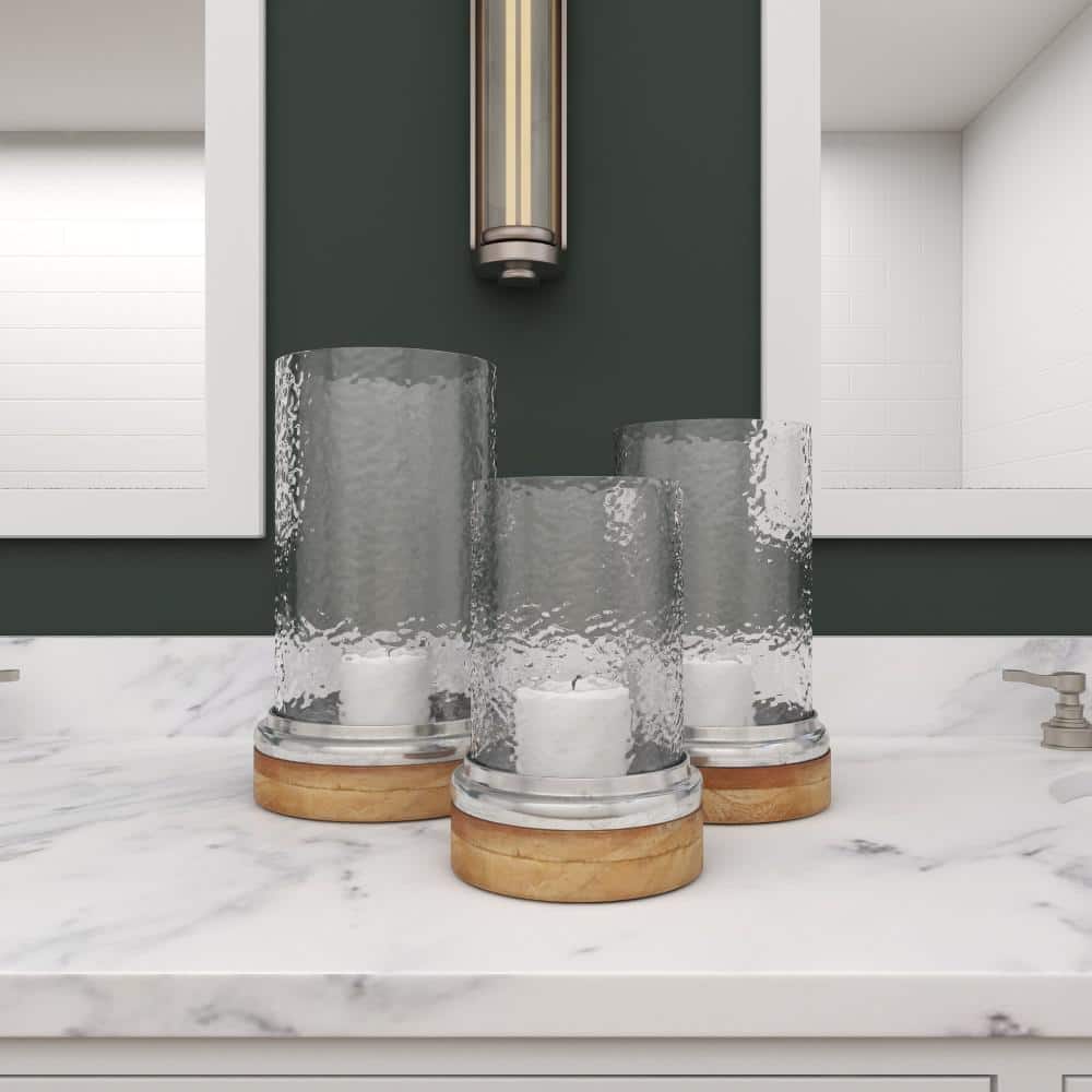 Elegant Traditional Wood & Glass Hurricane Candle Lantern Trio
