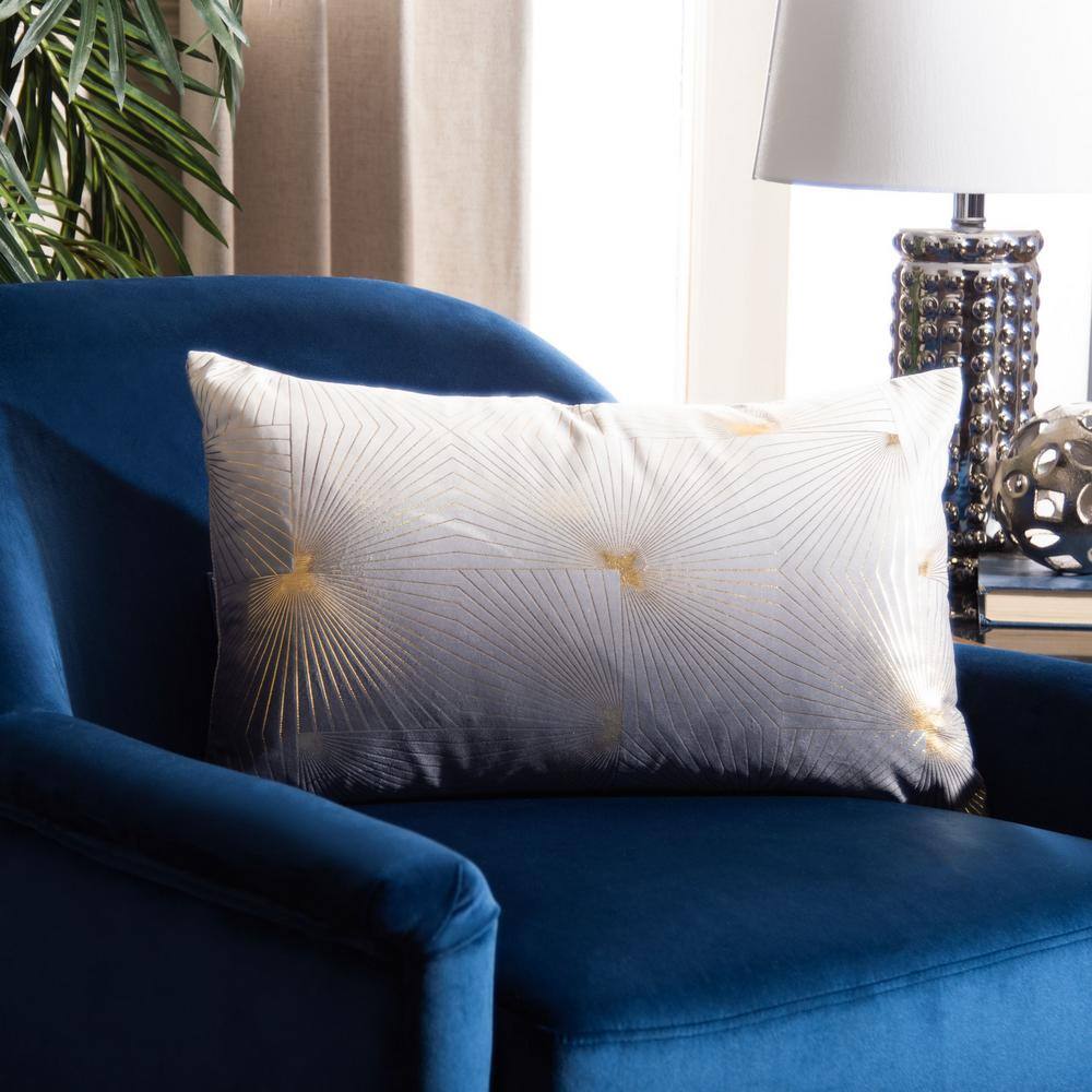 Gray and Gold Geometric Embroidered Rectangular Pillow