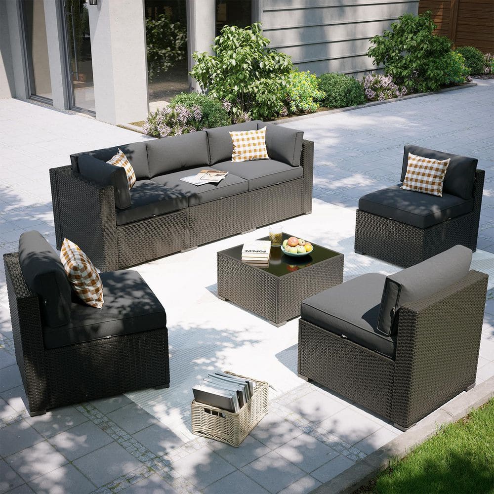 LA TERRE SHOP SALON de BLACK 2個セット Sizzim Black 7-Piece Wicker Rattan Outdoor Patio Conversation Set